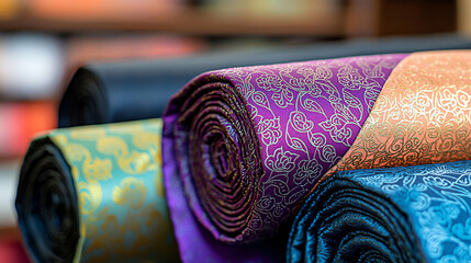 Rolls of patterned fabrics textile material colorful elegant and artistic arrangement close up market style