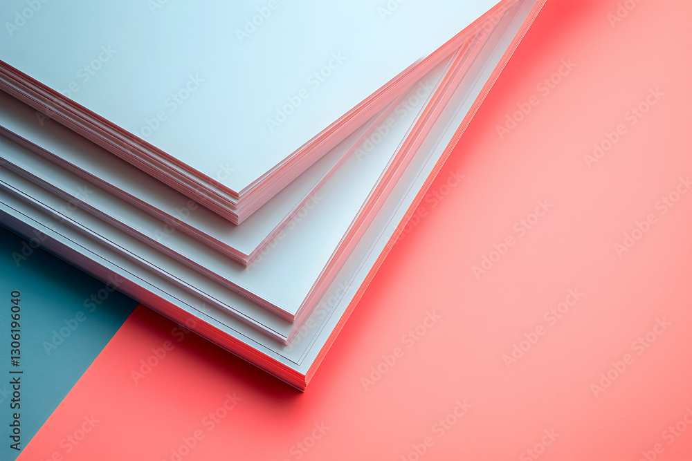 Poster clean minimalist stationery composition displaying stacked paper sheets