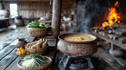 Fototapeta premium Bowl of colorful food served on rustic wooden table with natural lighting