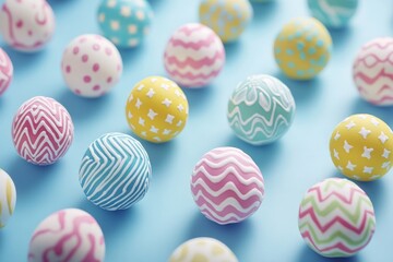 Fototapeta premium Vibrant Collection of Decorated Easter Eggs on a Light Blue Surface Creating a Cheerful and Colorful Spring Atmosphere.