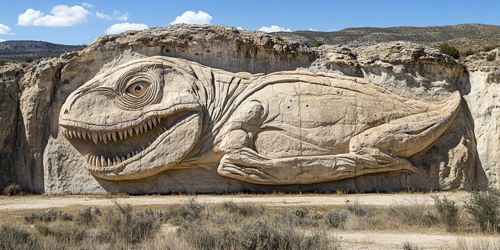 Giant Dinosaur Carving in Rock Face Under Blue Sky