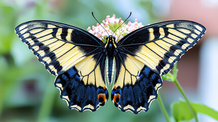 Fototapeta premium Striking Eastern Tiger Swallowtail Butterfly Displaying Wing Pattern on Flower Blossom Close Up