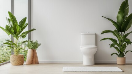 Fototapeta premium Modern Bathroom Interior with Green Plants and Natural Light