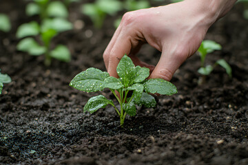 Close-up of hand delicately nurturing a young plant sprout with water droplets