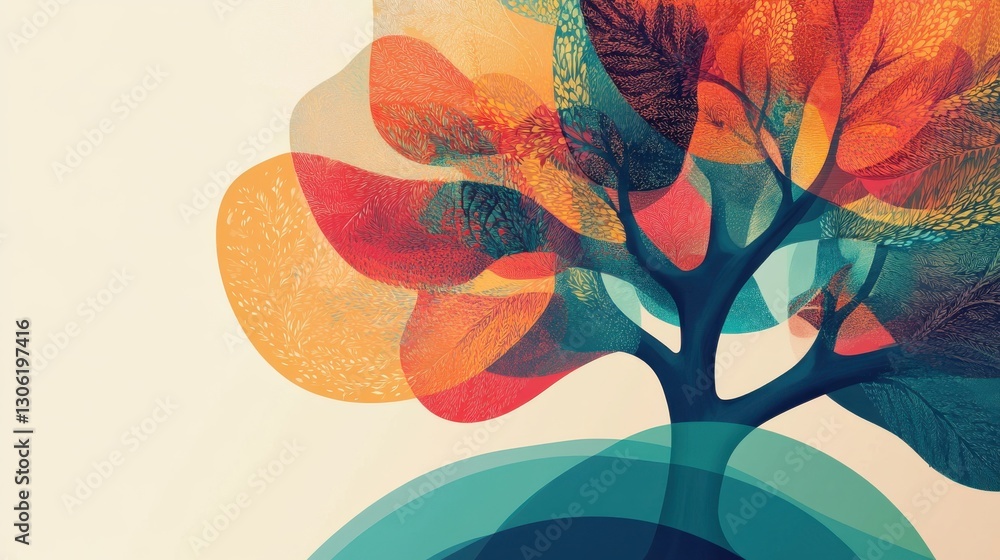 Poster symbolic design illustrating mutual fund principles with vibrant colors and a tree motif