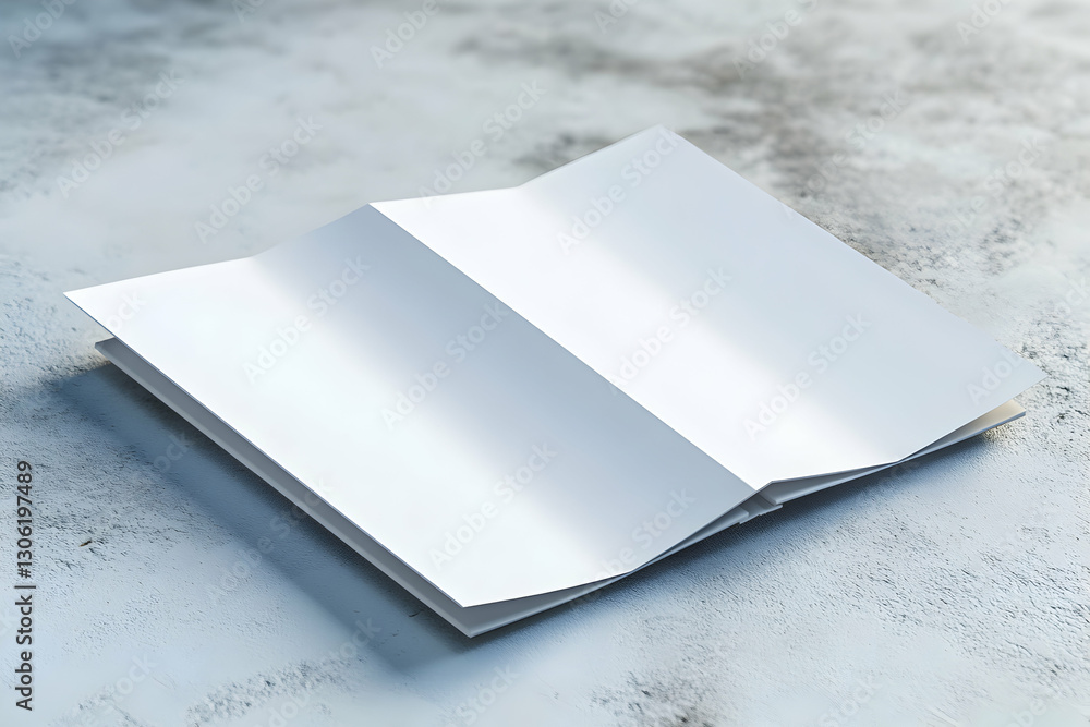 Poster close-up of unfolded blank white bi-fold brochure on textured surface showing clean lines and precis