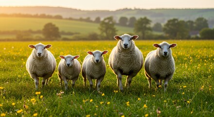 Five sheep standing closely together in a sunlit pasture field