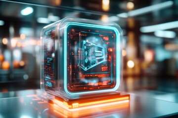 Obraz premium A futuristic vision of Election Day, featuring a holographic voting booth with glowing interfaces, transparent ballot boxes, and digital security measures displayed in real-time