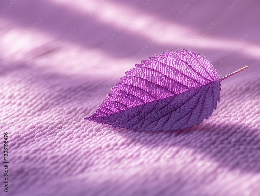 Poster close-up of a delicate purple leaf resting softly on a textured surface with gentle light casting sh