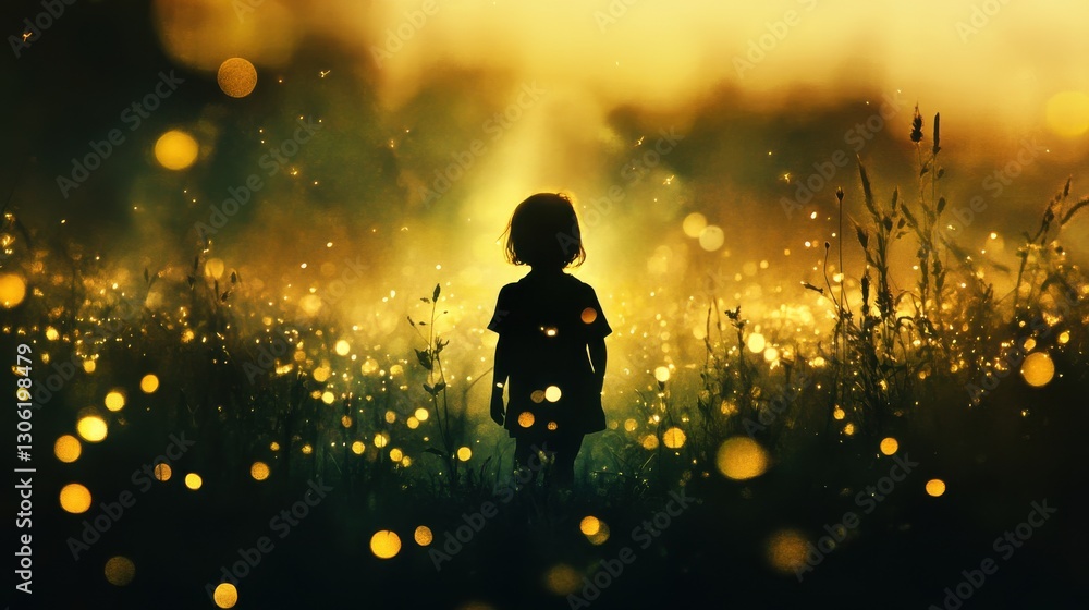 Aufkleber Surreal silhouette of a child standing in a shimmering field at dusk surrounded by glowing lights