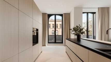 Modern Minimalist Kitchen with Natural Light and Urban View
