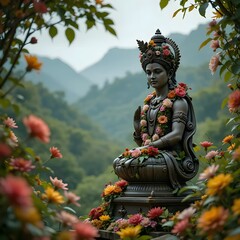 Fototapeta premium Serene Goddess Statue in a Floral Garden