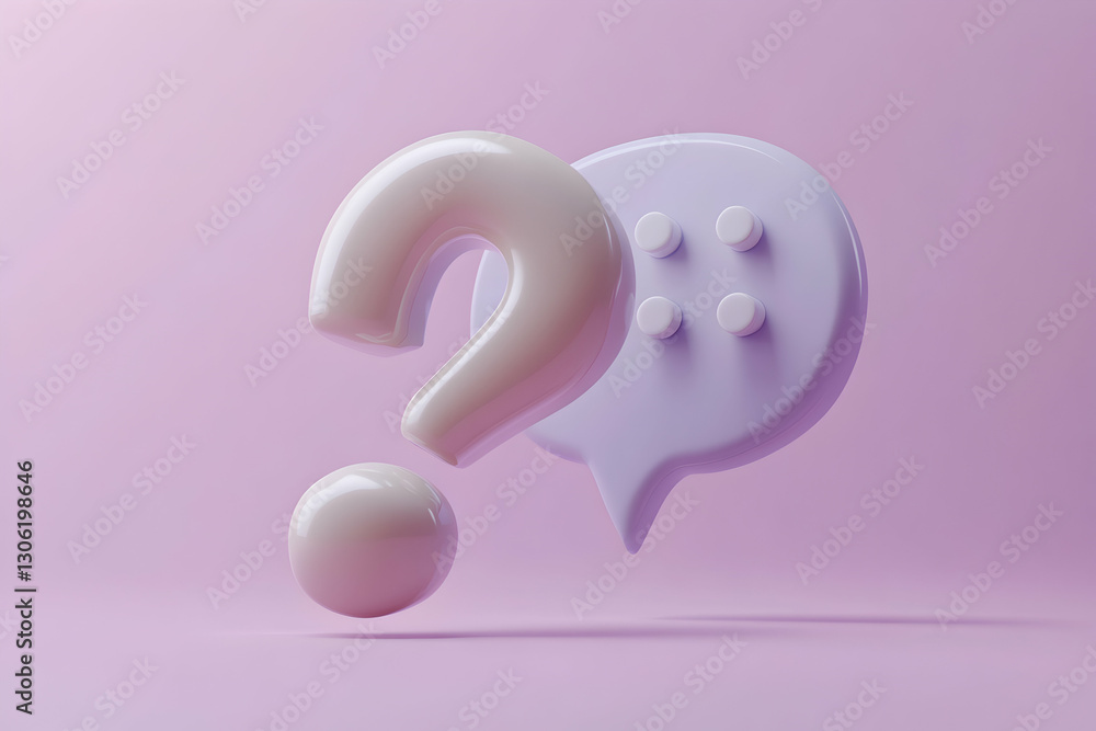 Poster conceptual question mark with speech bubble floating above the floor in a light pink studio symboliz