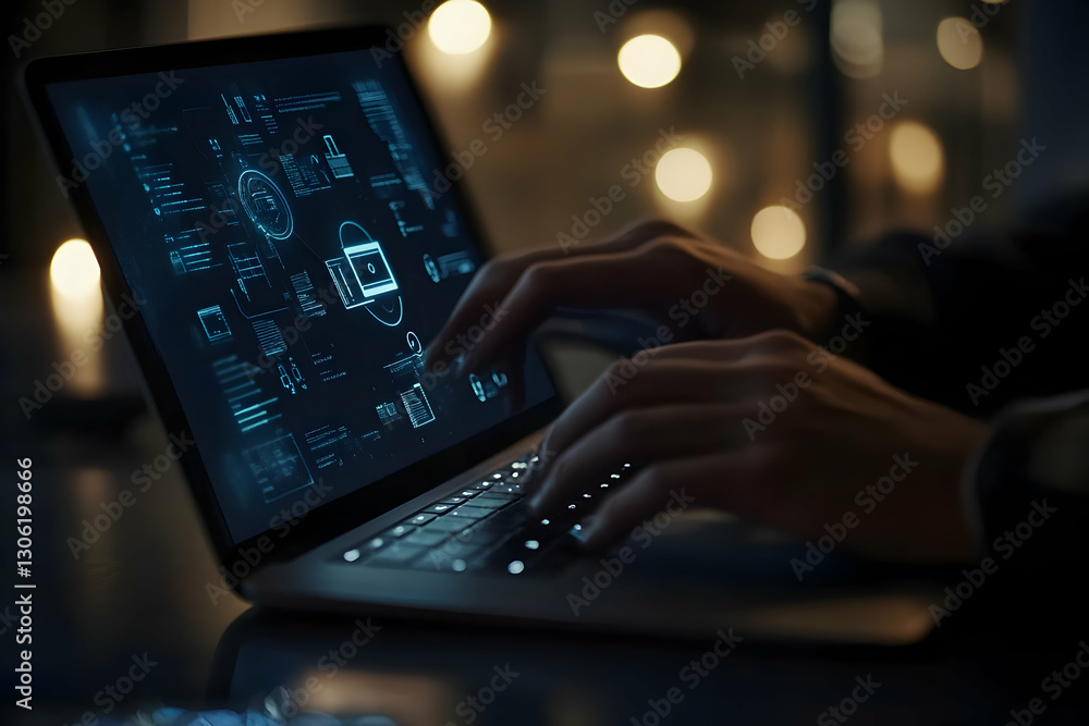 Poster conceptual technology illustration of hands using a laptop for data analysis