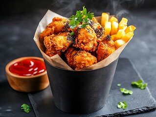 Crispy Fried Chicken Bites with French Fries and Ketchup in a Black Takeout Bucket