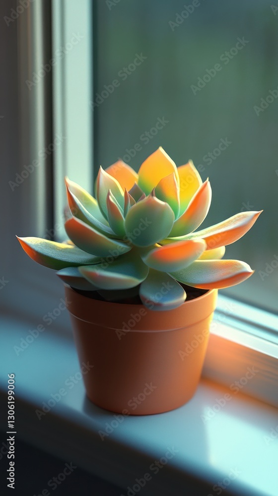 Poster close-up of a vibrant potted succulent basking in sunlight by a window in a cozy indoor setting