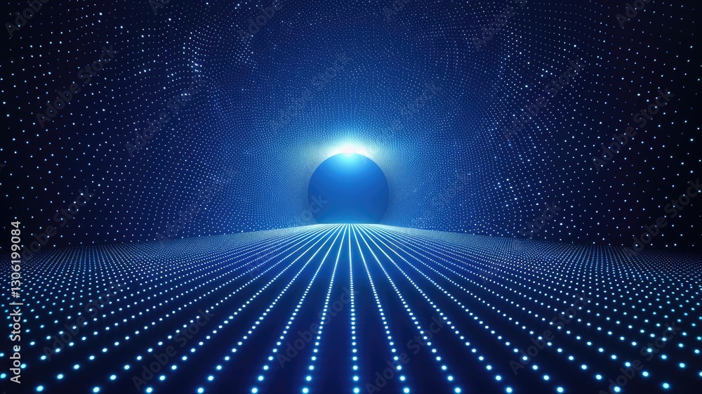 Poster wonderful picture of micro light sparkling particles scattered across blue flowing wave, create abst