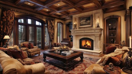 Cozy living room with coffered ceilings and a warm stone fireplace illuminated by soft lighting