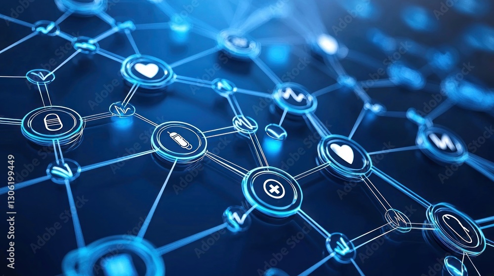 Poster a futuristic abstract network displaying various healthcare related icons