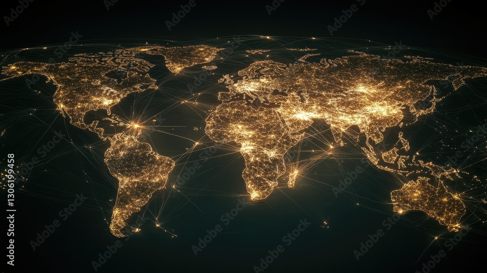 Poster a high-tech logistics network map with glowing pathways, representing the efficiency and reach of gl