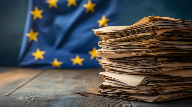 EU Bureaucracy: A Stack of Documents Against a Blurred European Flag