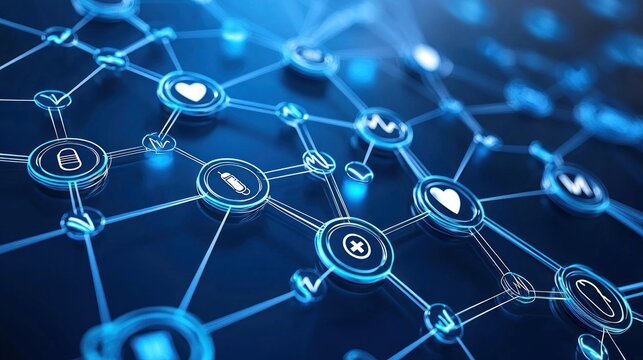 A futuristic abstract network displaying various healthcare related icons