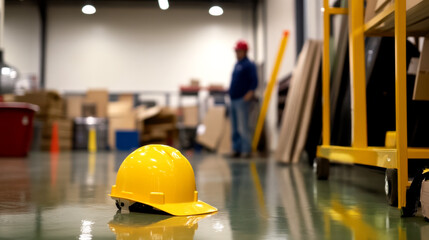 A bright yellow hard hat is on the ground, with a worker in the background, surrounded by boxes and equipment in a warehouse setting.