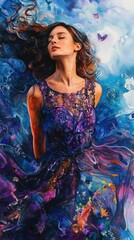 Serene portrait of a woman with flowing hair amidst vibrant blue and purple hues in a tranquil artistic setting