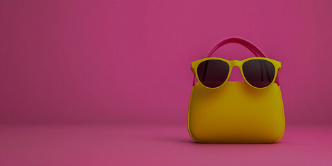 A bright yellow handbag with dark sunglasses rests against a vibrant pink background, creating a playful and stylish summer vibe.