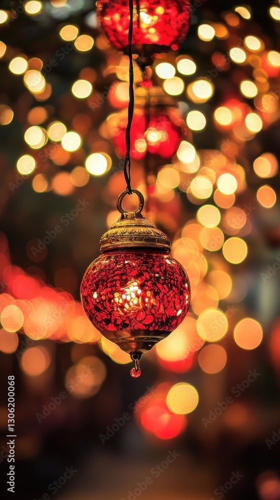 Poster Bright ruby red lantern glowing amid shimmering gold bokeh circles in a festive atmosphere