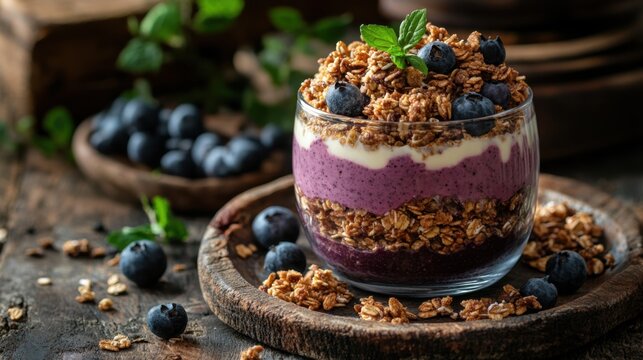 Glass of blueberry parde with granola on a wooden table with fresh blueberries nearby