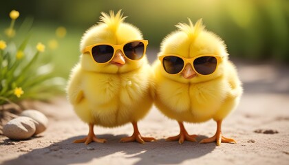  two adorable little yellow chicks wearing sunglass, perfect for easter concept