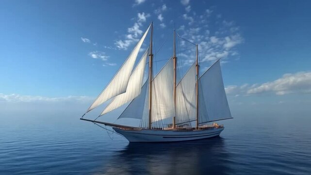 The sailboat glided smoothly across the water, its white sails billowing in the gentle breeze as the sun set on the horizon.