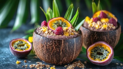 Close up of a bowl filled with assorted fresh fruits and nuts on a wooden table