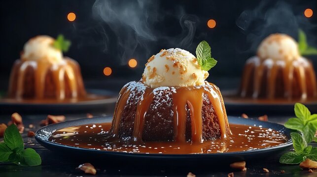 Decadent caramel pudding with ice cream and mint garnish
