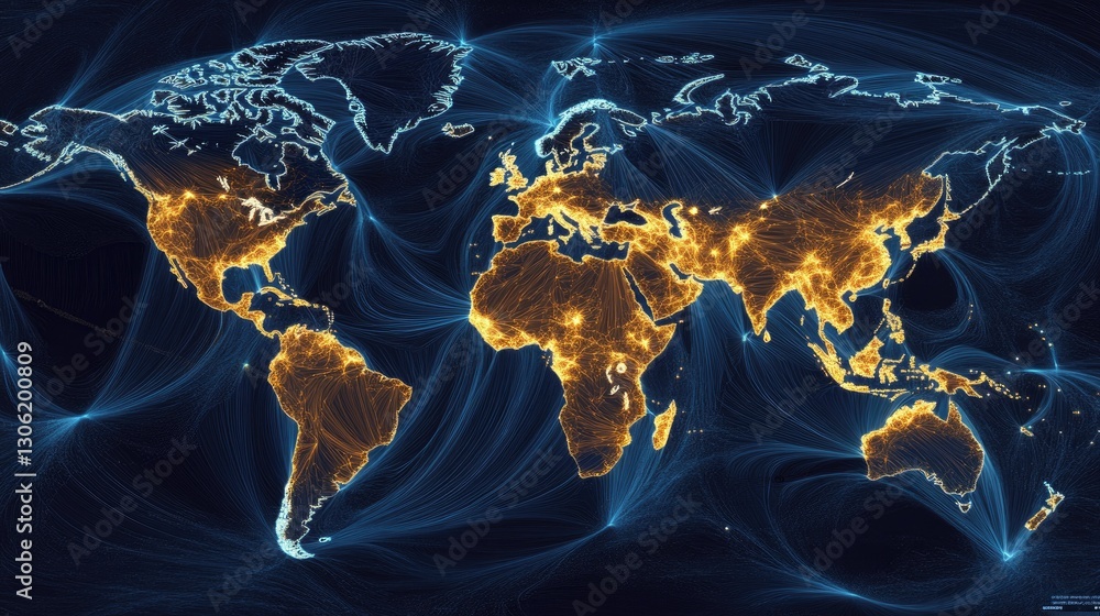 Poster a high-tech map displaying logistics routes across the world, with glowing pathways illustrating the
