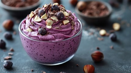 Glass bowl filled with a purple smoothie topped with fresh fruits and mint leaves on a wooden table