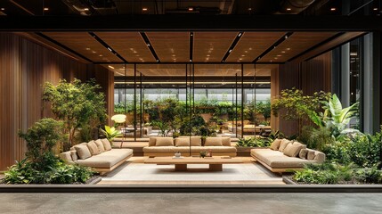 Fototapeta premium Beautiful interior design featuring couches plants and natural light sources