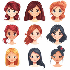 Cartoon portraits featuring diverse hairstyles and hair colors, showcasing a variety of looks and styles.