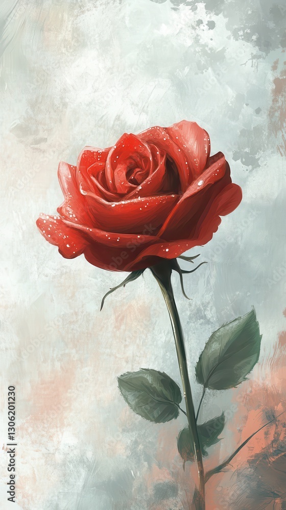 Poster Close-up view of a single red rose with dew drops on delicate petals against a soft background