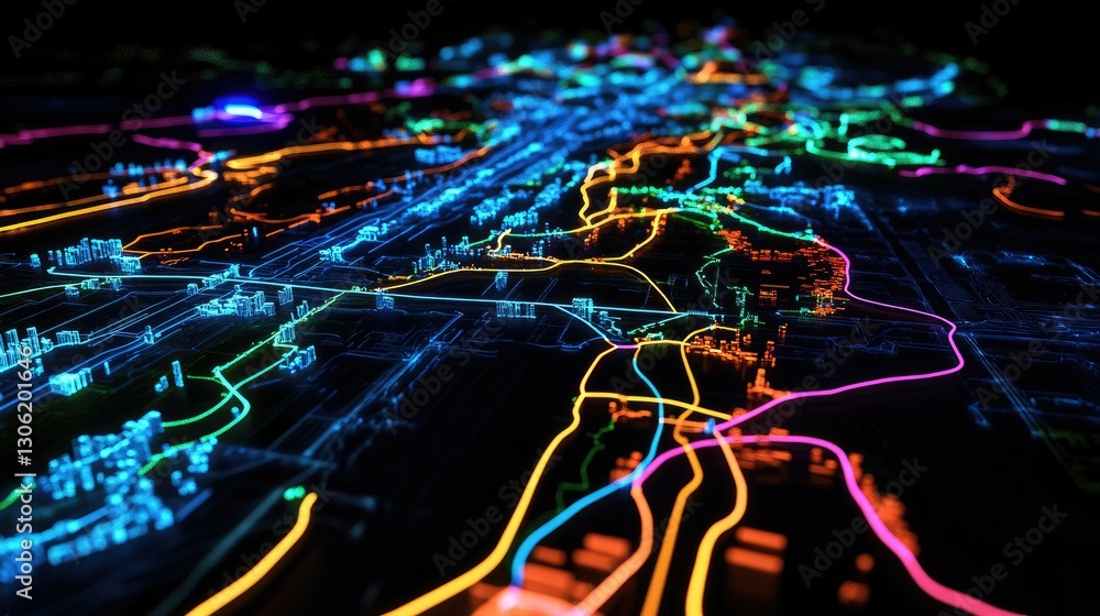 Poster a high-tech map displaying logistics routes across the world, with glowing pathways illustrating the