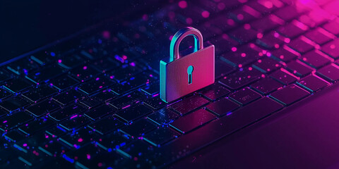 A vibrant, illuminated lock sits on a dark keyboard, symbolizing digital security and protection in a modern tech environment.