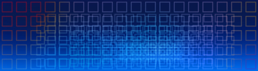 黒青背景に幾何学的に並ぶキューブ四角形テクスチャがー光るサイバーデジタルな横長バナーテクスチャー
