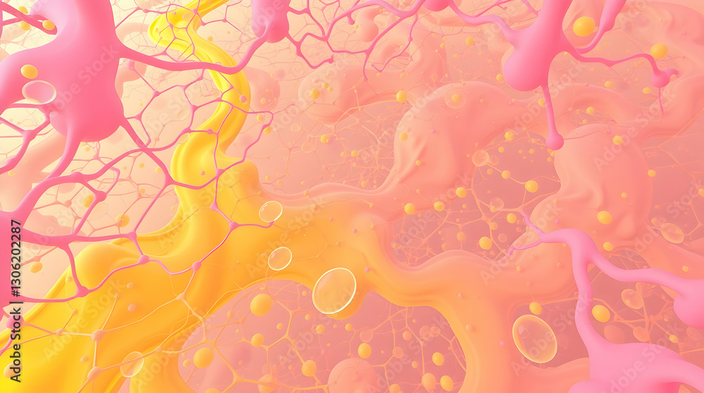 Poster an abstract, close-up image with flowing shapes and lines in pink and yellow tones, creating a soft,