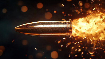 A close-up of an exploding bullet, with its shiny metal surface and bright sparks against the dark background