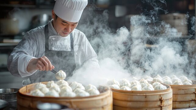 A chef prepares steamed dumplings from bamboo steamers in kitchen