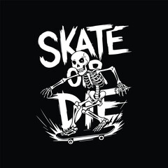 A bold and stylized black and white animated illustration of a skeleton riding a skateboard