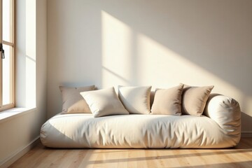 Sunlight Illuminates a Plush, Low-Slung Sofa with Neutral-Toned Pillows in a Minimalist Room