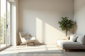 Serene Minimalist Living Room with Sunlight Streaming Through Large Window and Comfortable Seating