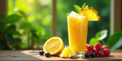Fototapeta premium Refreshing citrus and berry beverage in a tall glass, garnished with pineapple and mint, displayed on a wooden surface with sunlight streaming through a window